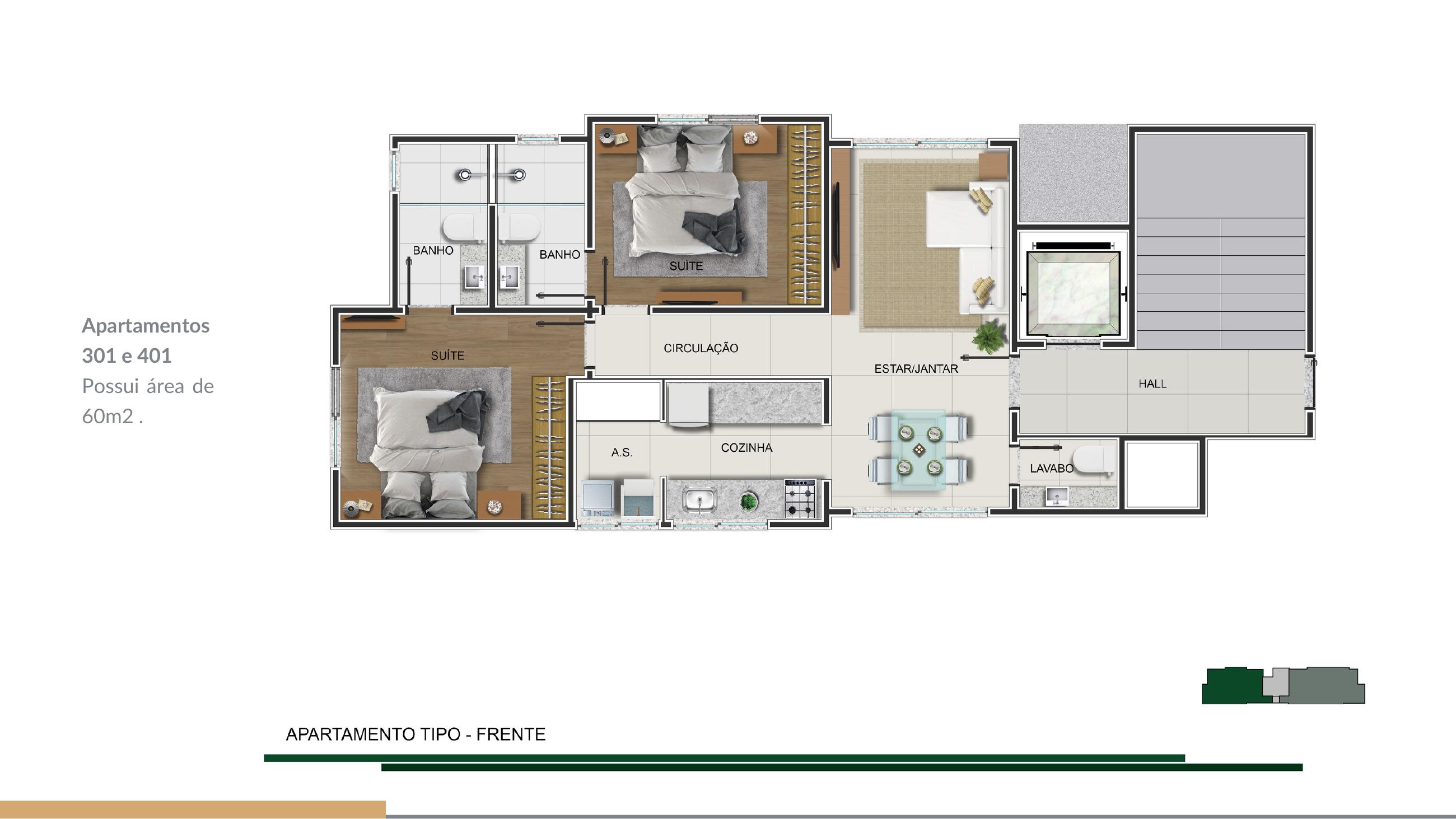 Planta — Apartamentos 301 e 401 — 60 m² — Silva Jardim 192