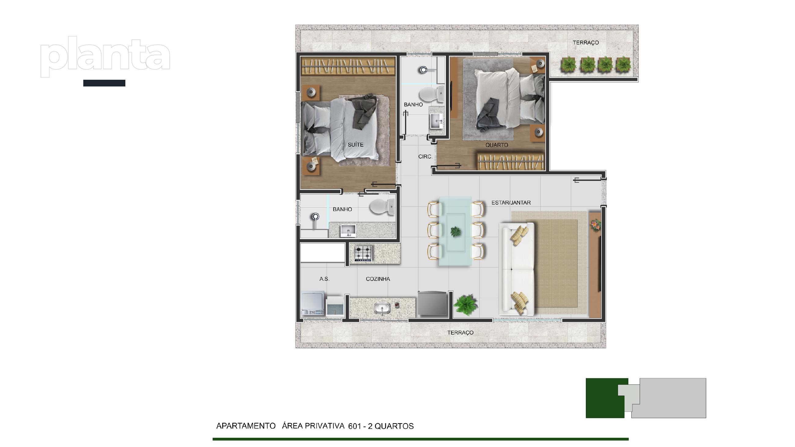 Planta — Área Privativa 601 — 2 quartos — Residencial E — Maranhão