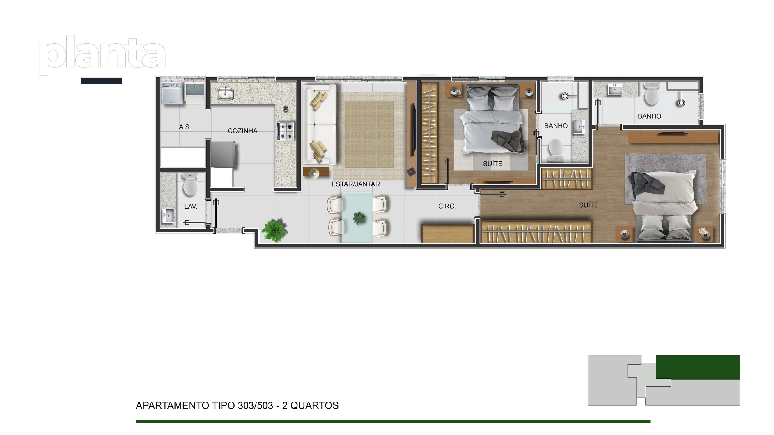 Planta — Tipo 303/503 — 2 quartos — Residencial E — Maranhão