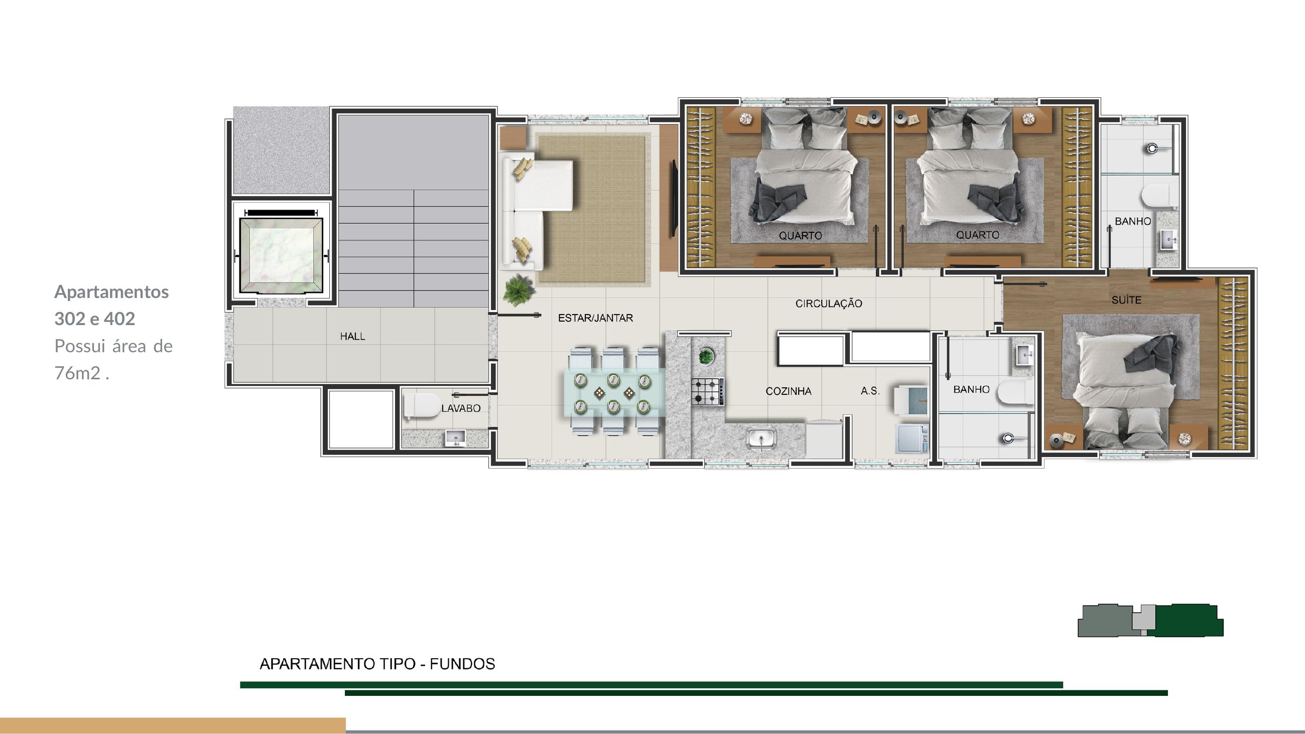 Planta — Apartamentos 302 e 402 — 76 m² — Silva Jardim 192