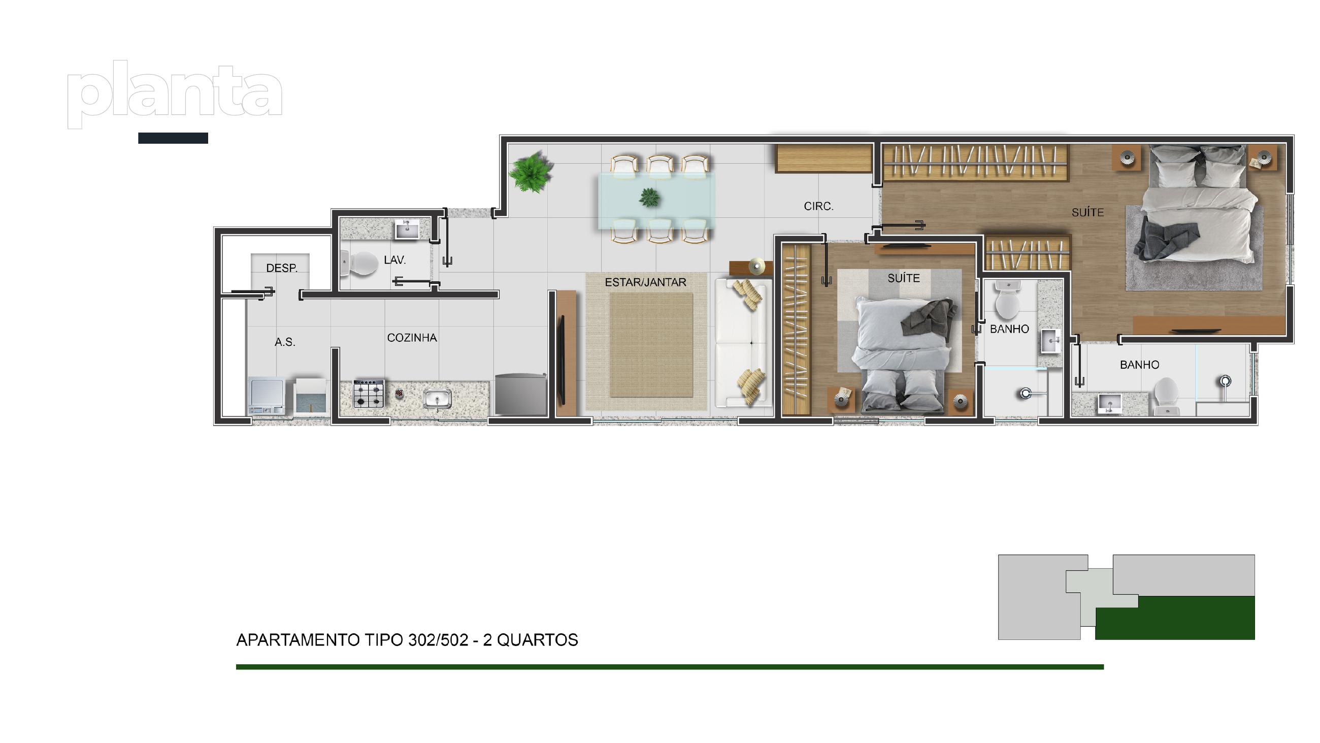 Planta — Tipo 302/502 — 2 quartos — Residencial E — Maranhão