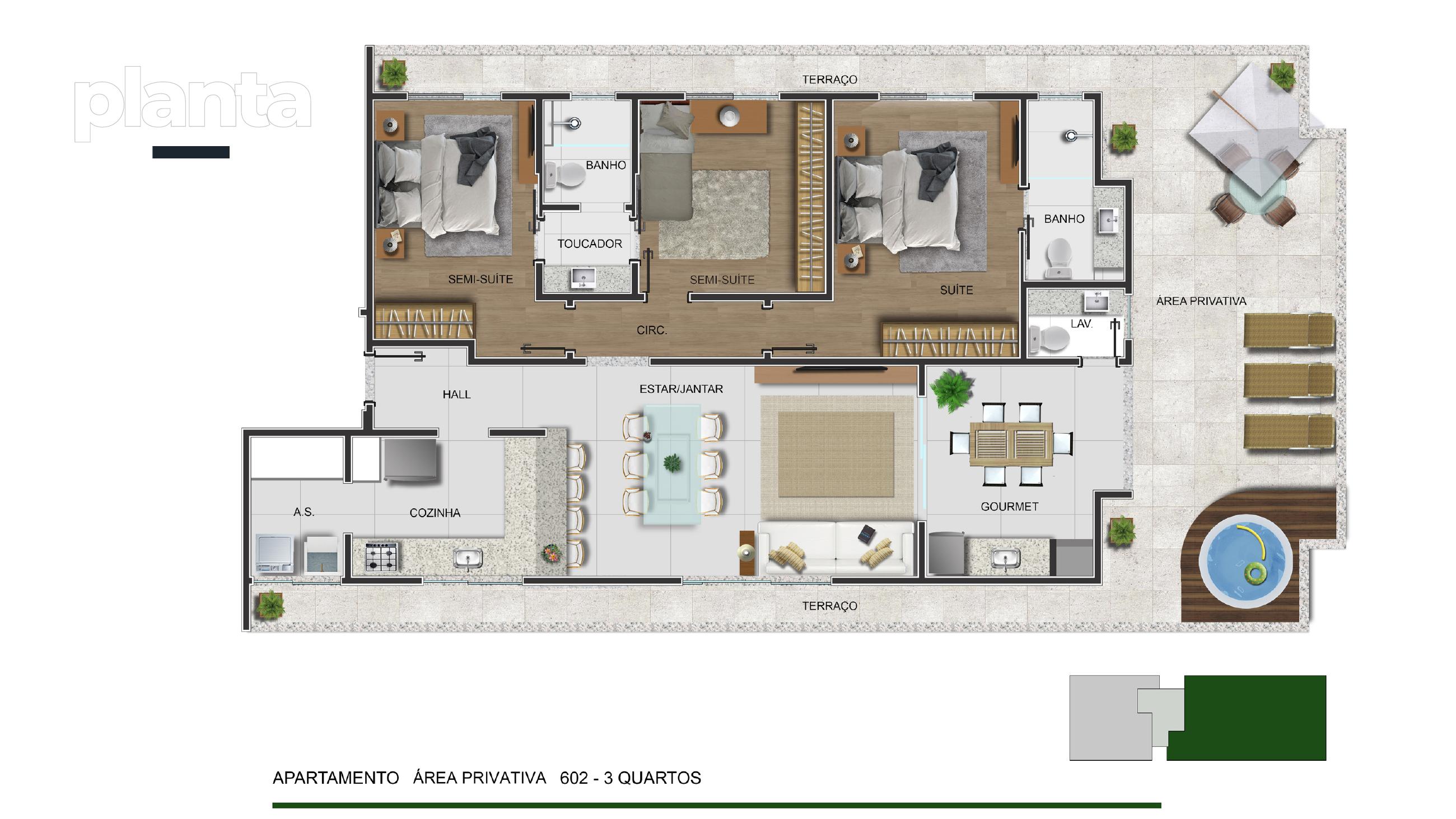 Planta — Área Privativa 602 — 3 quartos — Residencial E — Maranhão