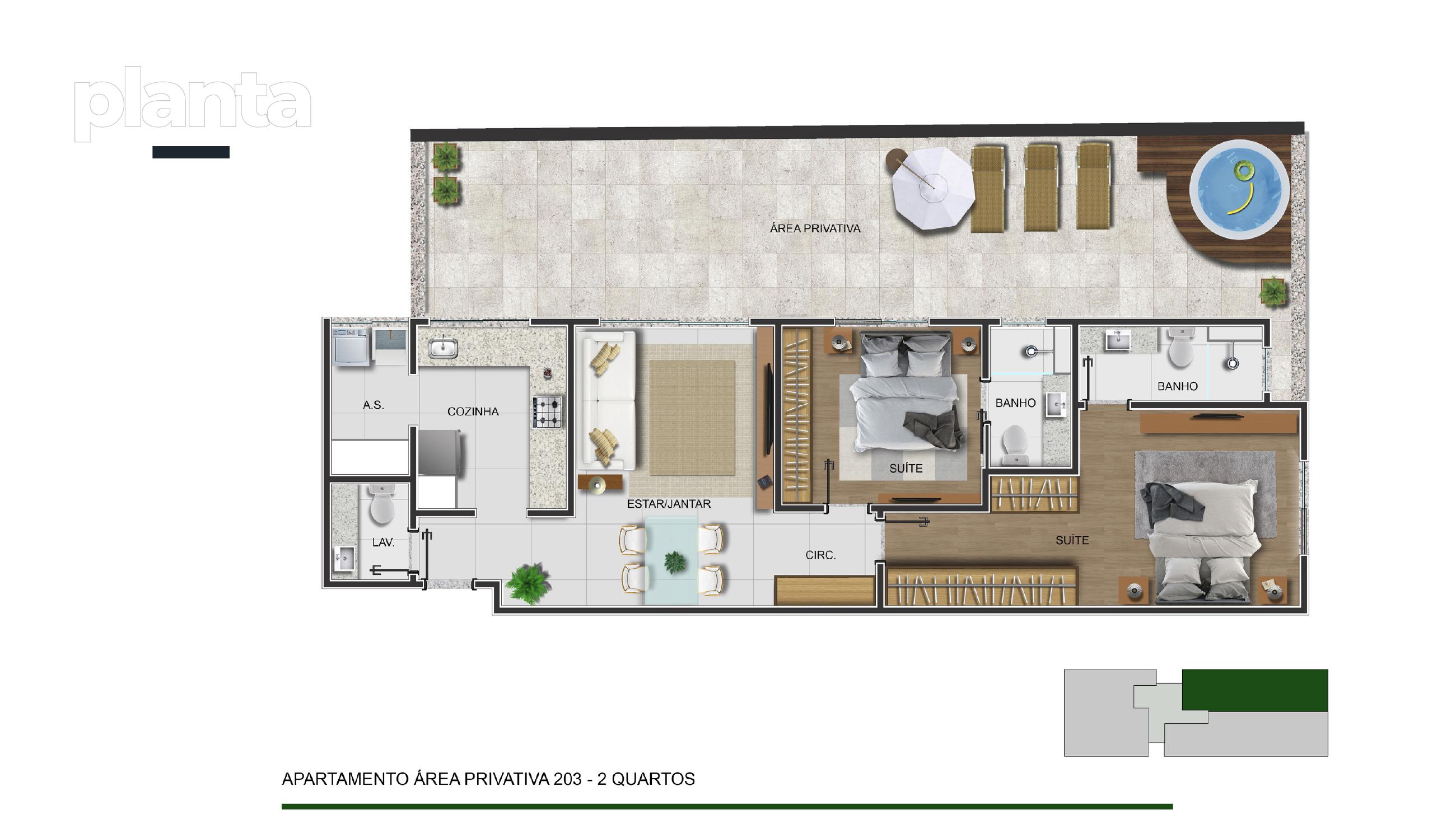 Planta — Área Privativa 203 — 2 quartos — Residencial E — Maranhão