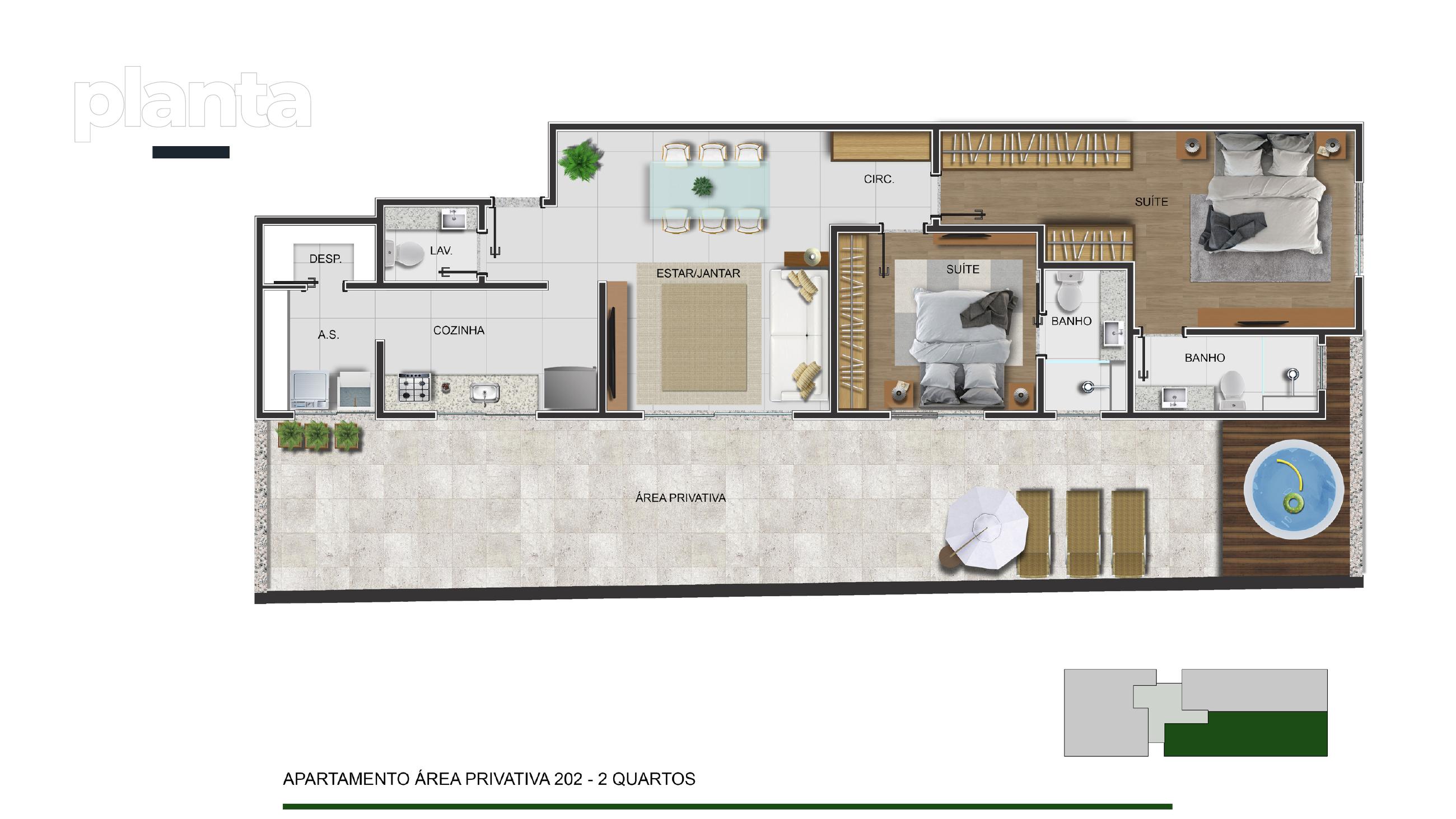 Planta — Área Privativa 202 — 2 quartos — Residencial E — Maranhão
