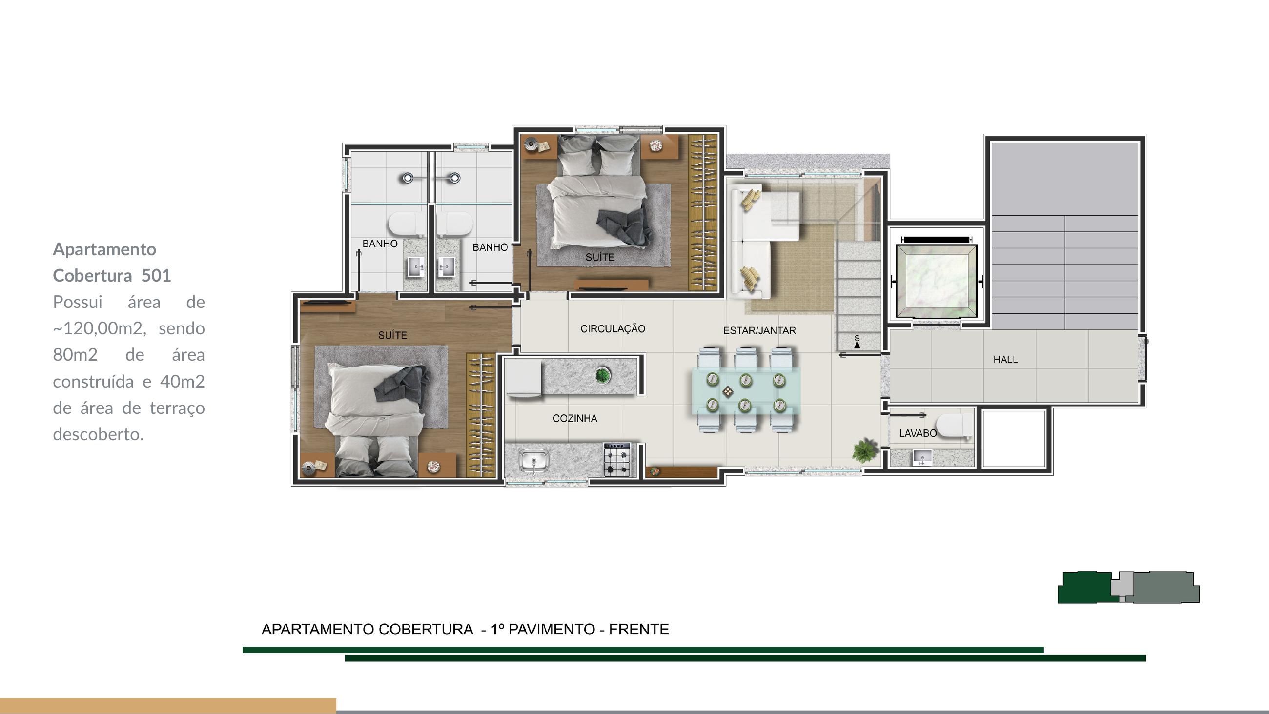 Planta — Cobertura 501 — ~120 m² (80 m² + 40 m² terraço) — Silva Jardim 192