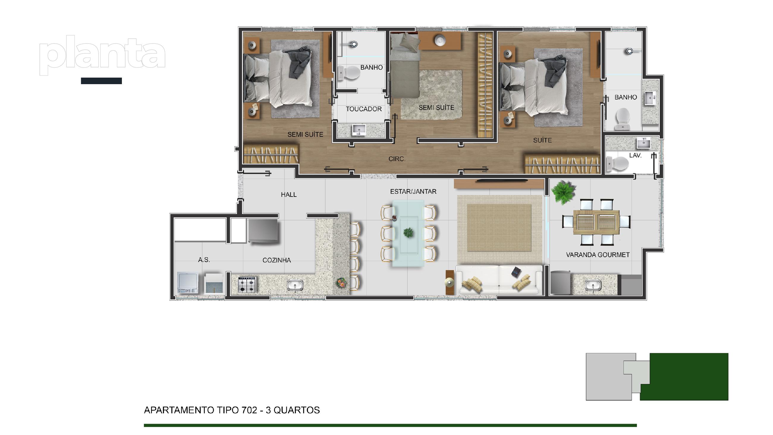 Planta — Tipo 702 — 3 quartos — Residencial E — Maranhão