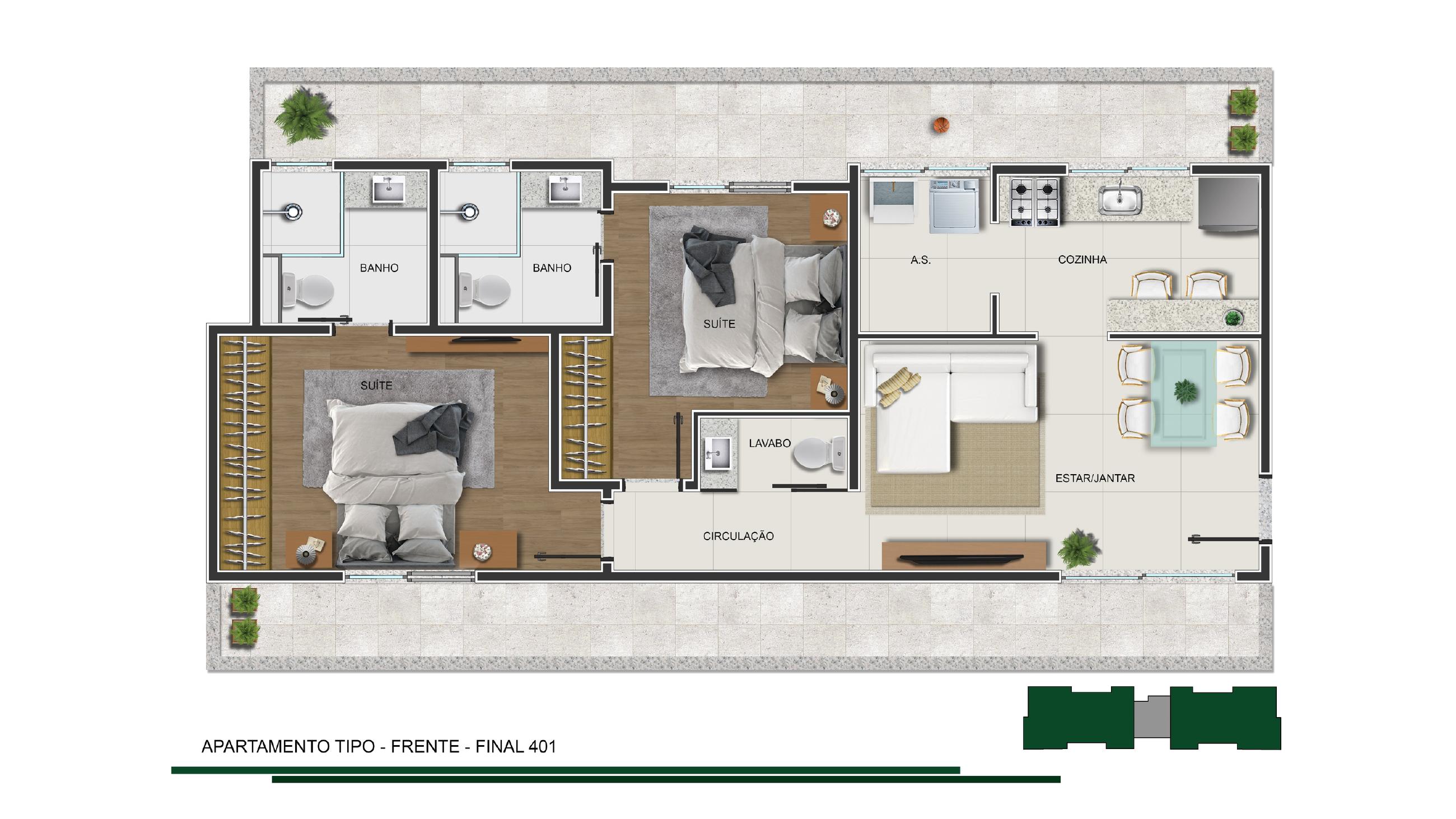 Planta — Apartamento tipo — frente, final 401 — Vicentina de Souza 138
