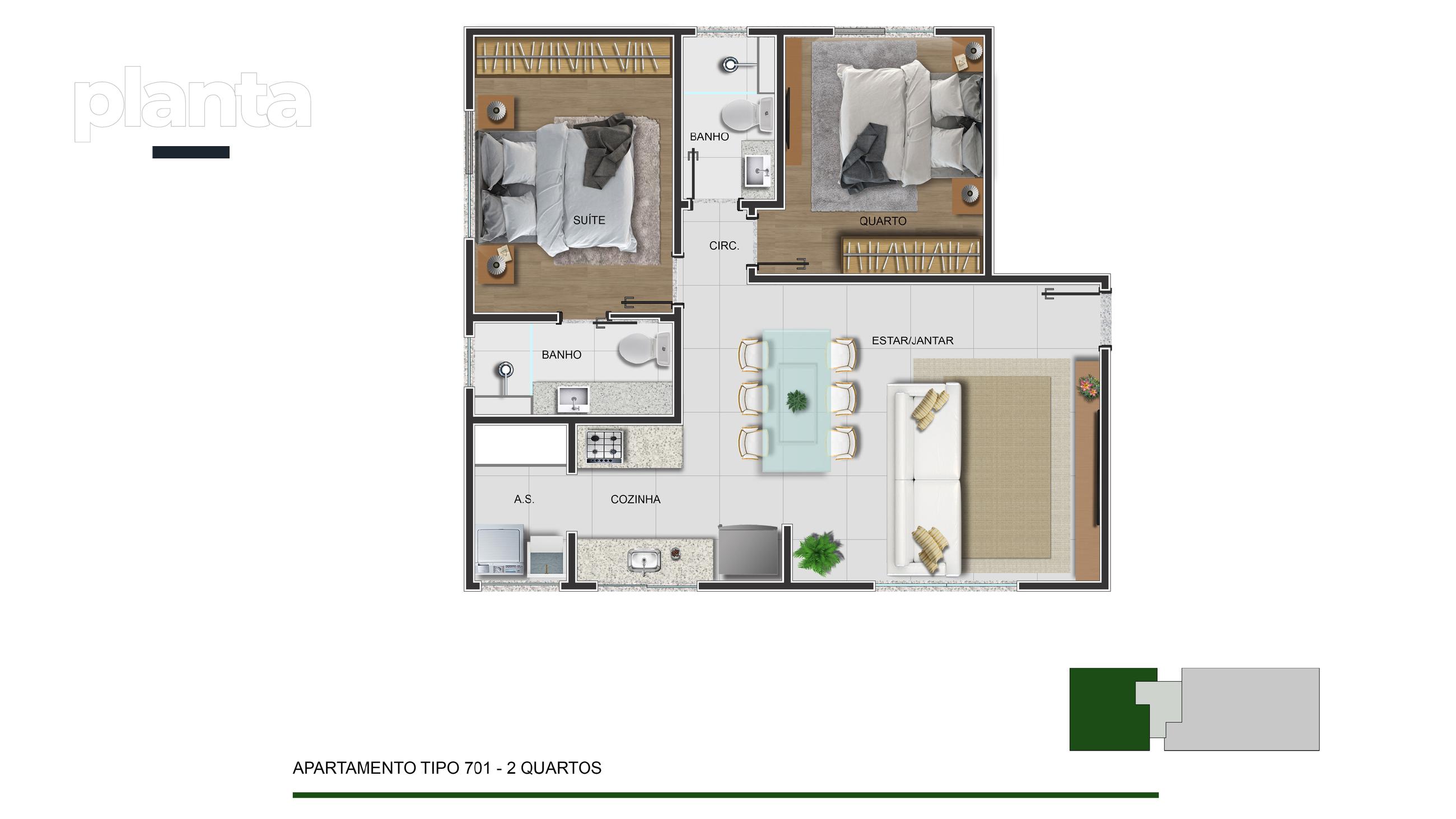 Planta — Tipo 701 — 2 quartos — Residencial E — Maranhão