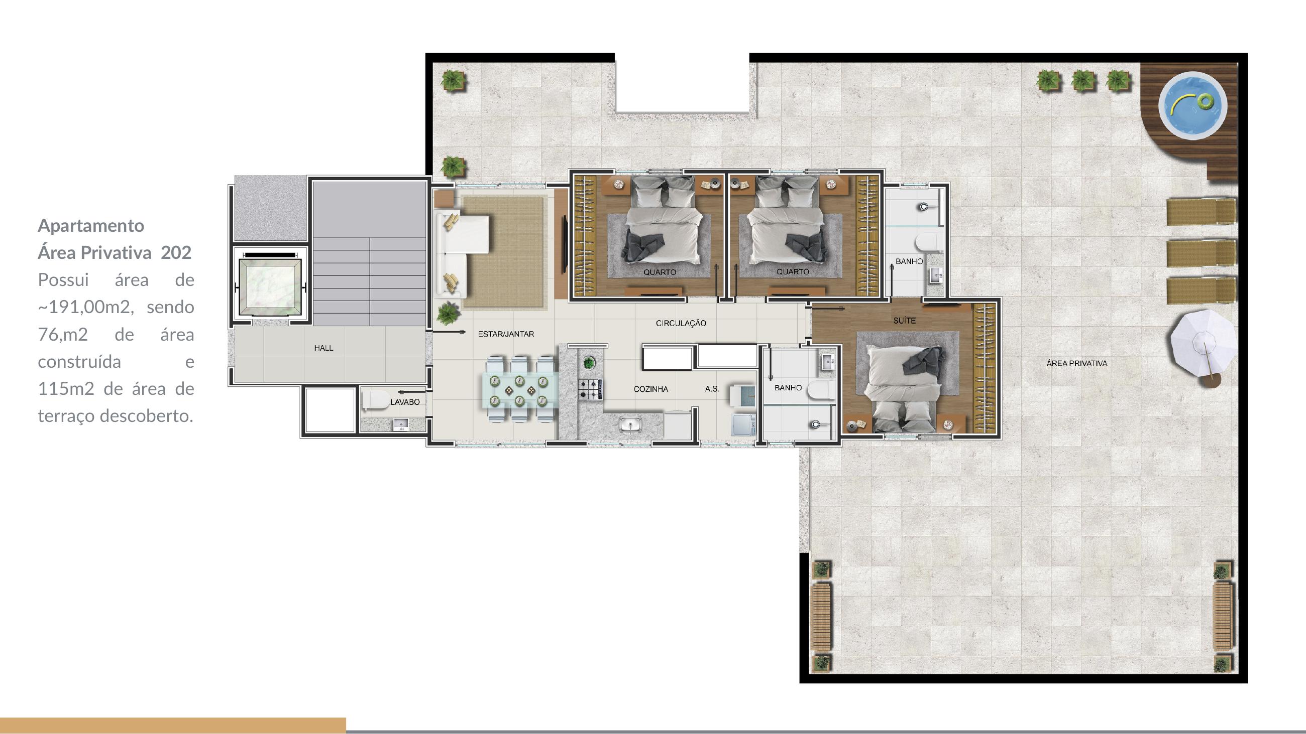 Planta — Área Privativa 202 — ~191 m² — Silva Jardim 192